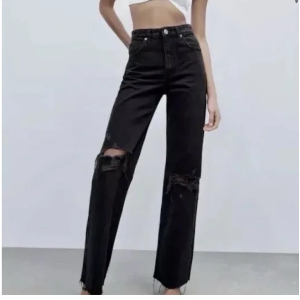 Zara wide leg high waisted Black Distressed Women's Jeans size 00 or eu 32